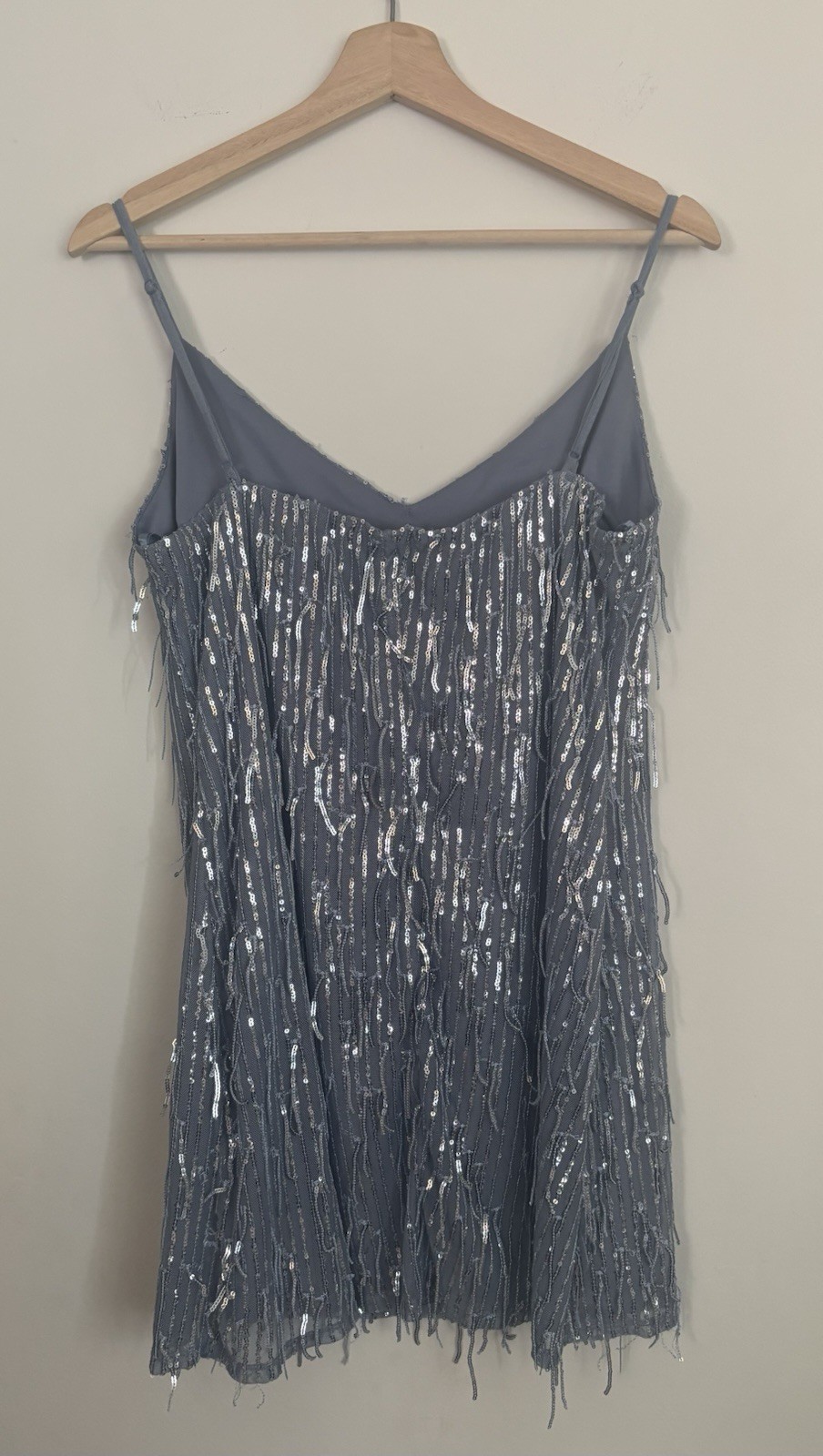 Blue Sequin Fringe Mini Dress Spaghetti Strap V-Neck Party Size L