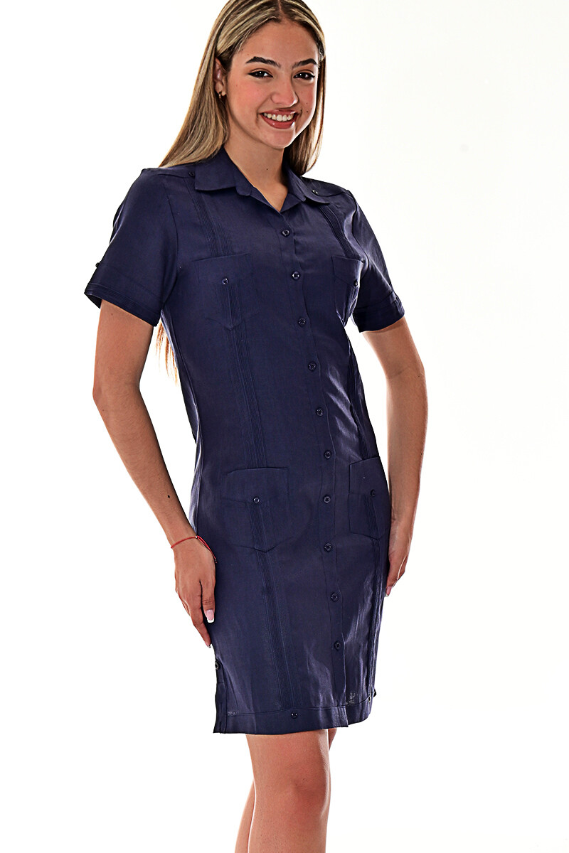 Ladies NAVY 100% Soft Linen Traditional (4) Pocket Guayabera Dress – LLGD3010