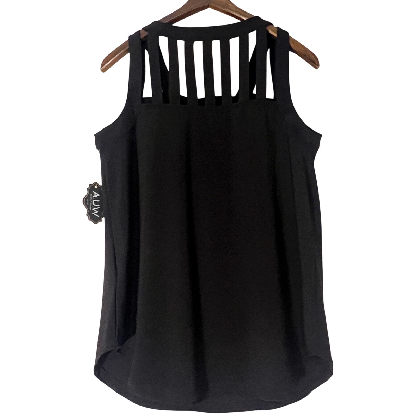 NWT AUW Black Sleeveless Top Cutout Neckline Gold Detail Modern Blouse