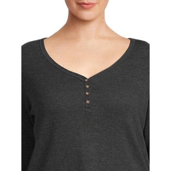 Terra & Sky Womens 1X Plus Black Soot Waffle Knit Henley Long Sleeve Top NEW