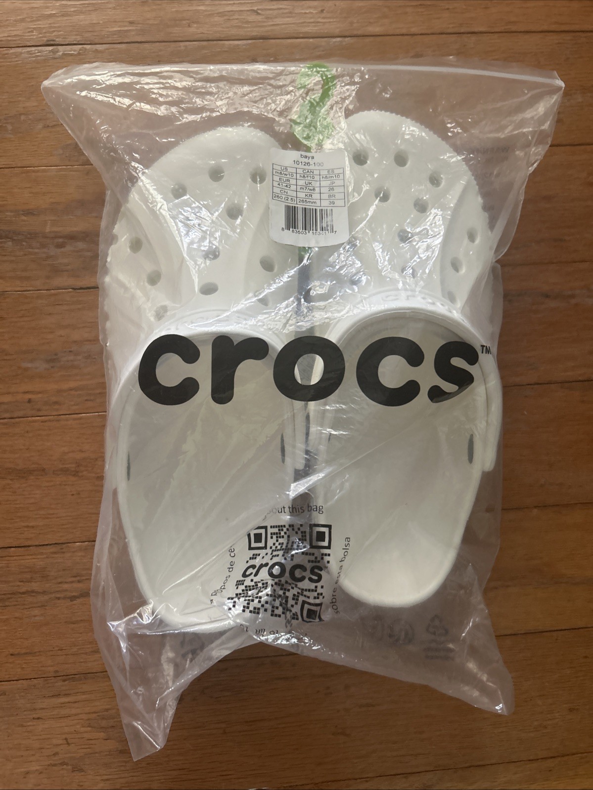 Brand New White Baya Crocs Men’s 8, Women’s 10