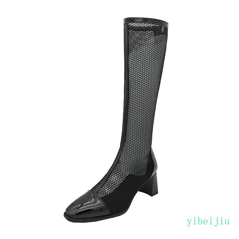 Mid Calf Boots Womens Block Heel Sandal Net Mesh Hollow Out Shoes Plus Size Lady