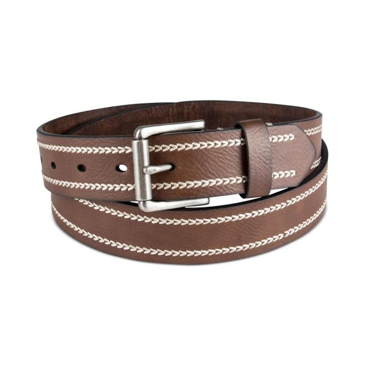 Sun + Stone Men’s Heavy-Stitch Faux Leather Casual Belt, Brown, (34-36) (38-40)