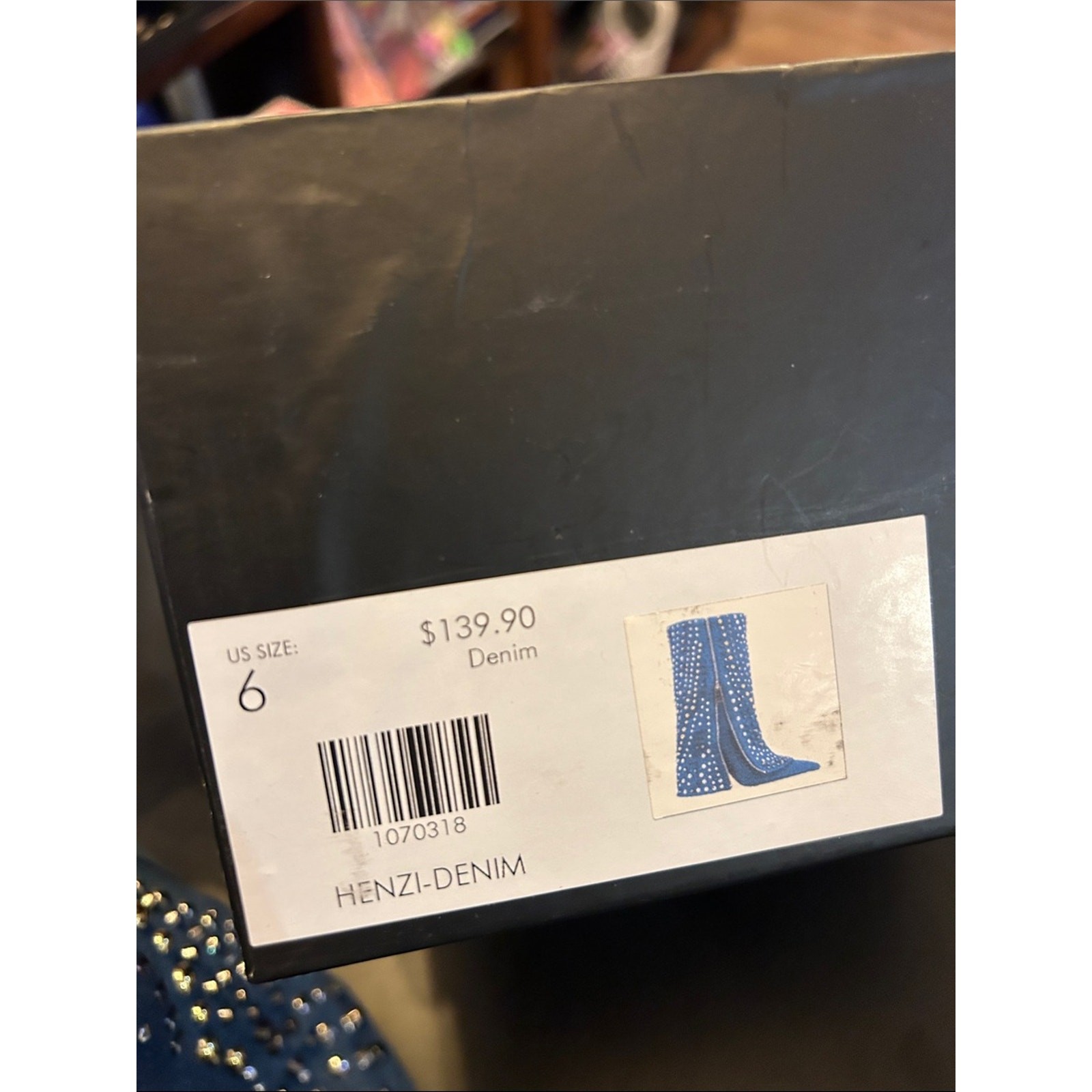 Azalea Wang Studded Denim Mid-Calf Boot – Blue with Mixed Metal Studs