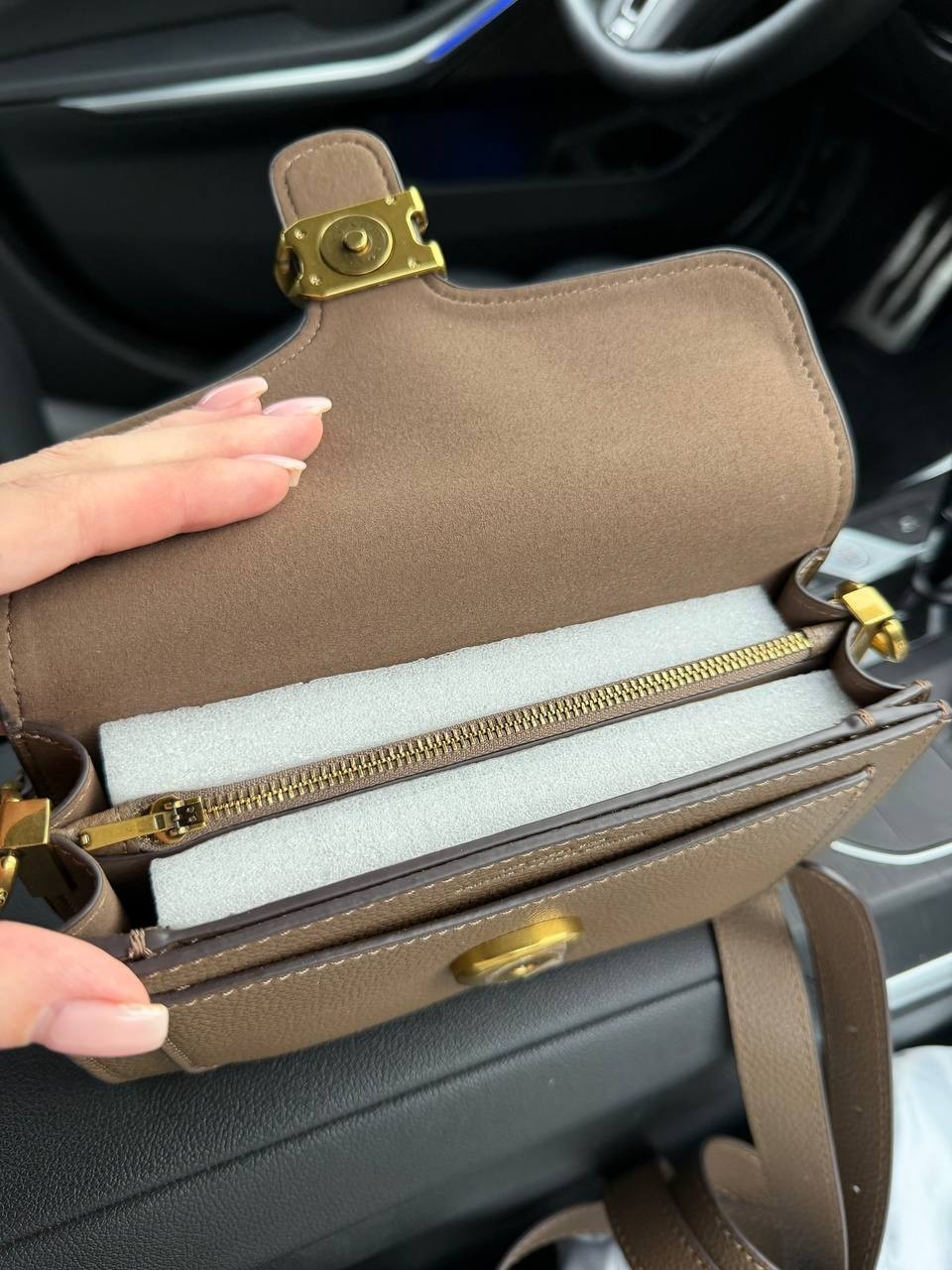 Coach Tabby Leather Shoulder Crossbody Bag Taupe Gold Hardware