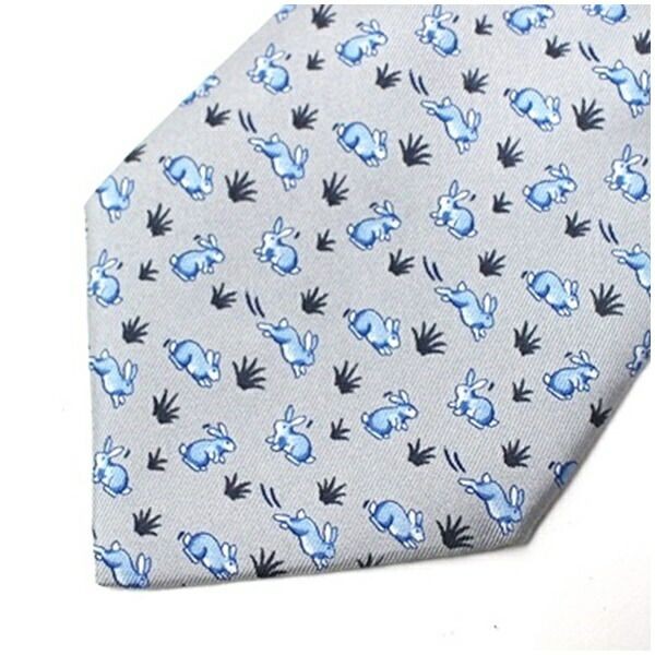 Hermès Silk Necktie Rabbit Pattern Used A Rank Gray Blue 9cm Mens
