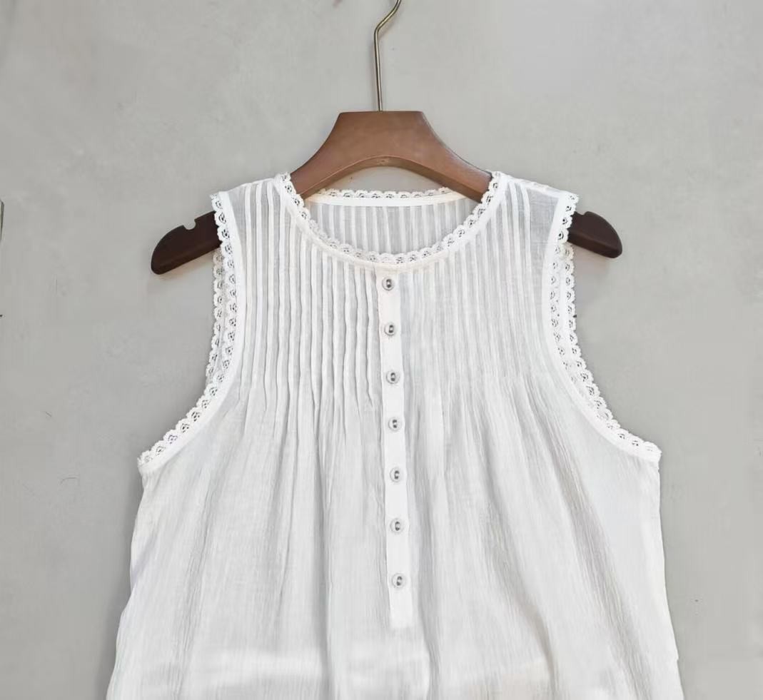 Doen Breathable Strap Waist Lace Edge Sleeveless Top+Mesh Splicing Half Skirt