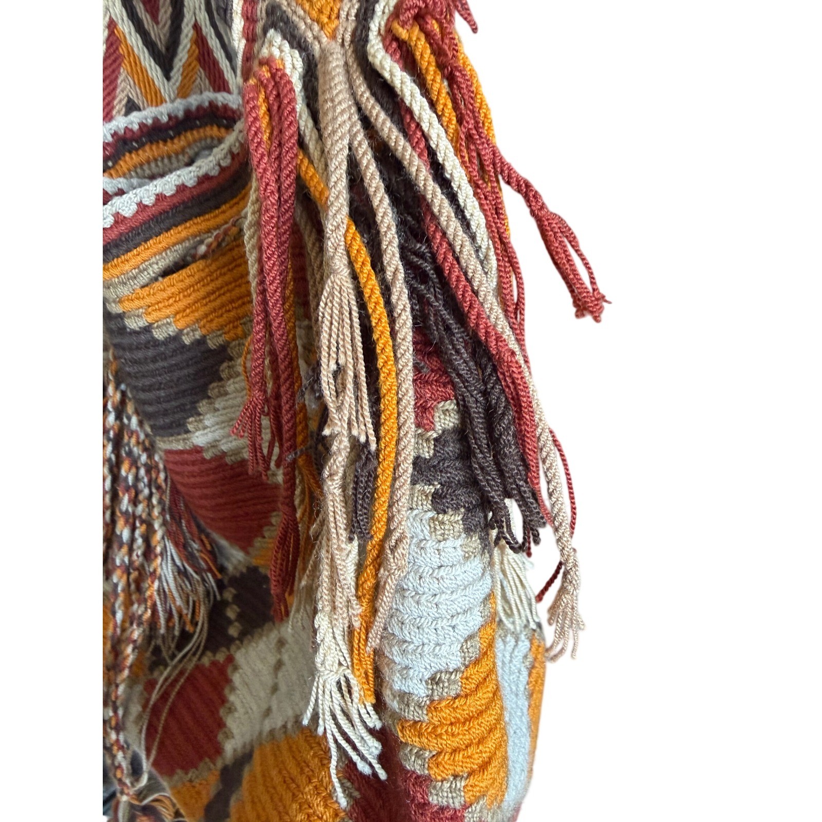 Vintage Wayuu Mochila Hand Woven Geometric Crossbody Tassel Bag Earth Tones