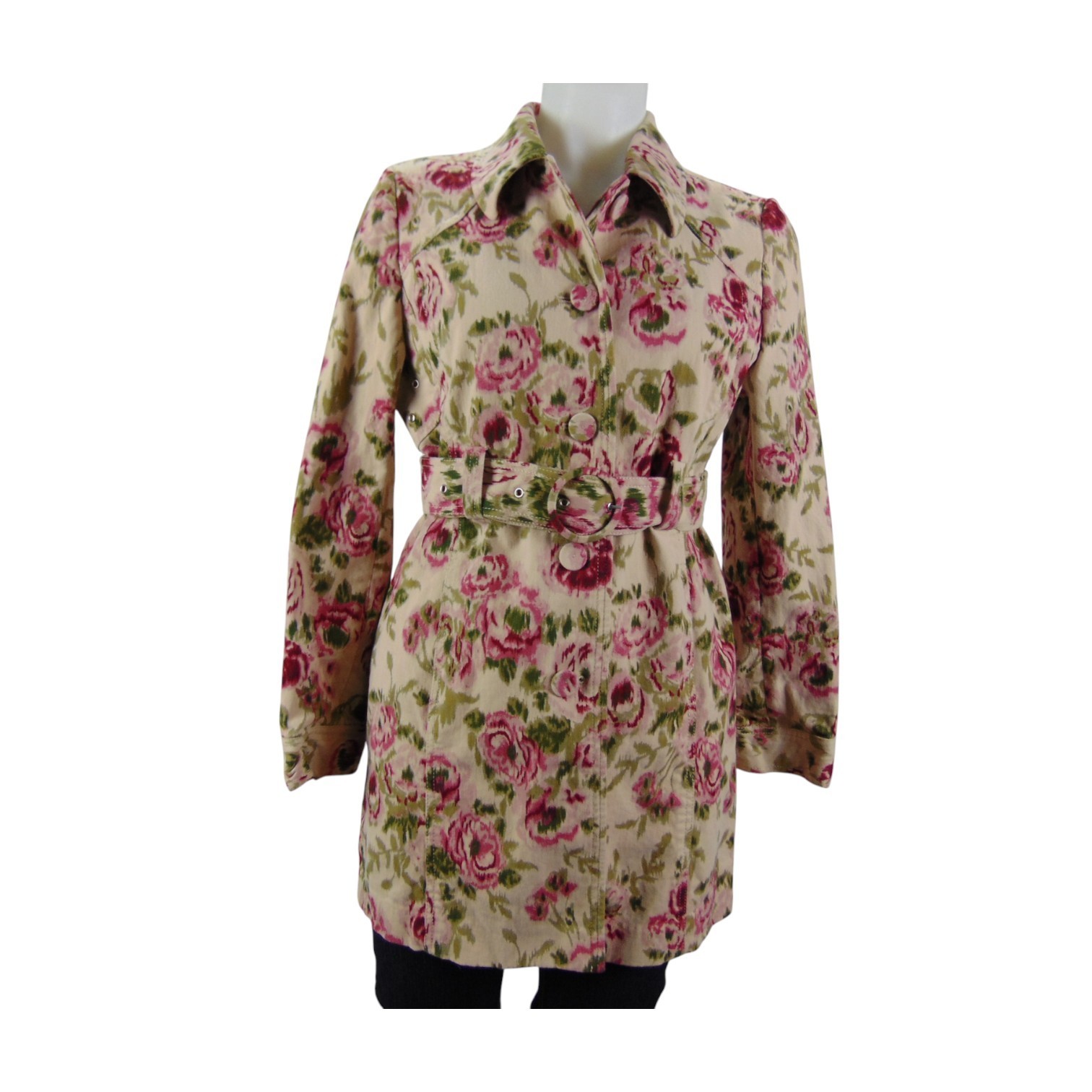 Madison Studio Floral Romantic Rose Print Belted Trench Coat Size 10 Cotton