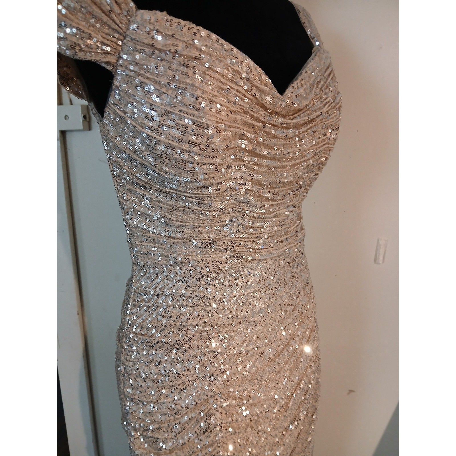 Ladivine Cinderella Divine Sequin Ruched Off Shoulder Evening Gown Champagne L
