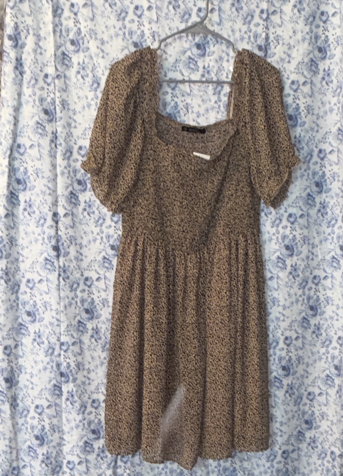 HESPERUS 2X Beige Black Animal Print Square Neck Short Sleeve Knee Dress