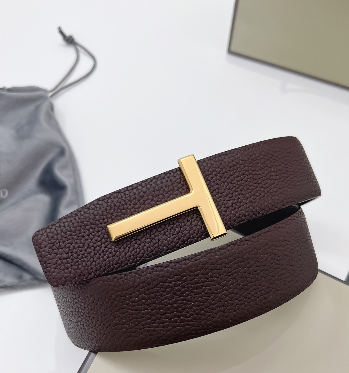 Tom Ford Belt Reversible Gold T-Buckle, Brown/Black Calfskin Leather