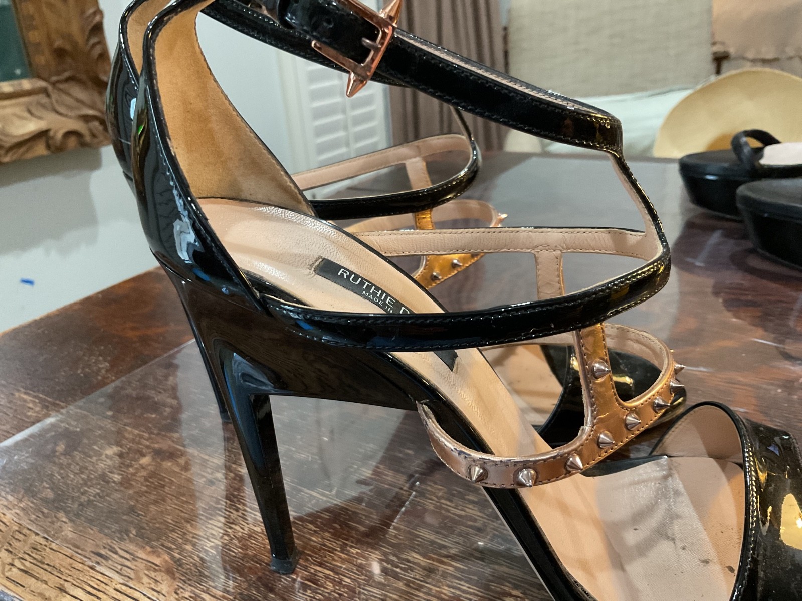 Ruthie Davis Size 9 Strappy Black Stilletos w Gold spike embellishments.