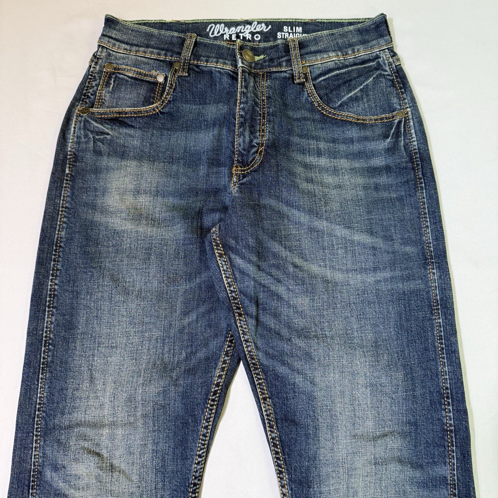 Wrangler Retro Jeans Mens 30×32 Blue Slim Straight Western Denim Pants Cowboy