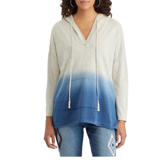 New Chaps Womens Blue Ombre Hooded Knit Pullover Kangaroo Pocket Hoodie Sz S