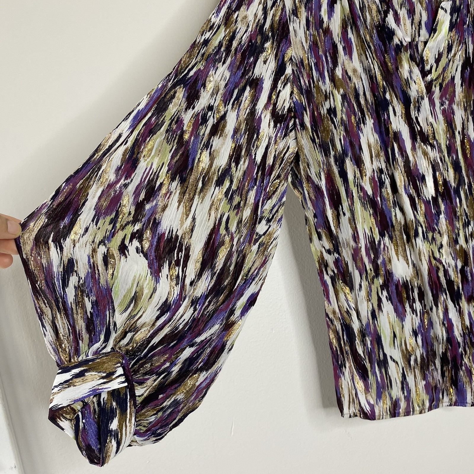 Chicos Purple Metallic Button Up Shirt Crinkled Semi-sheer Lightweight Sz 3.5/18