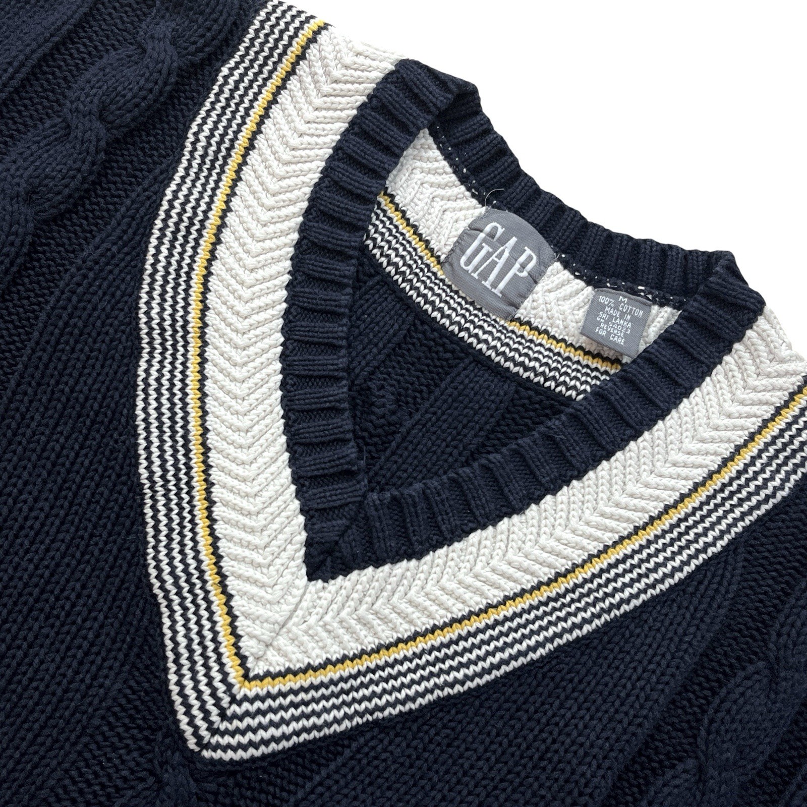 Vtg Gap Cable Knit V-Neck Tennis Sweater Mens M Navy Cotton Preppy Criquet