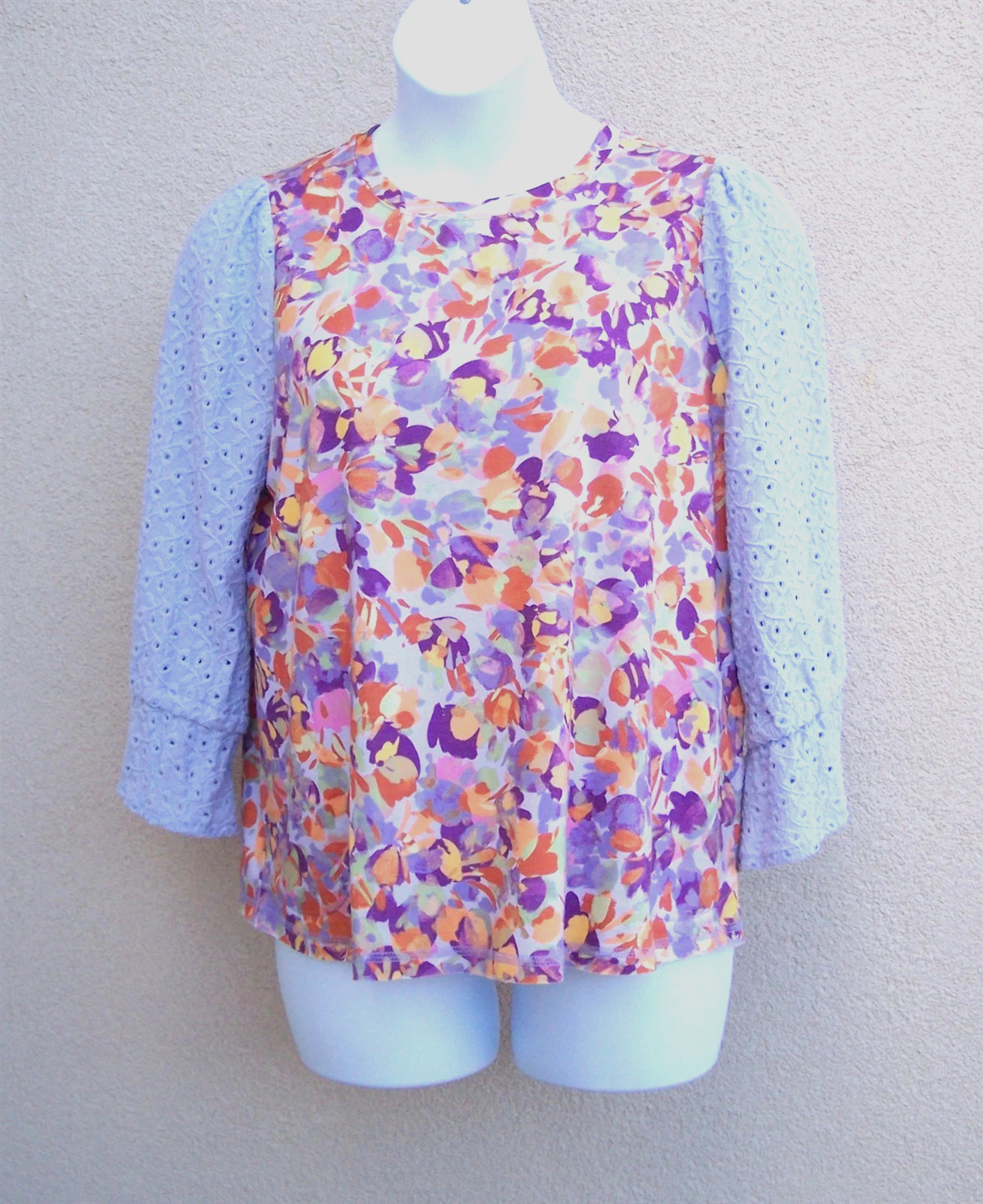 LOGO by Lori Goldstein 3/4 Sleeve Top with Eyelet Lace Sleeves PURPLE HEATHER L