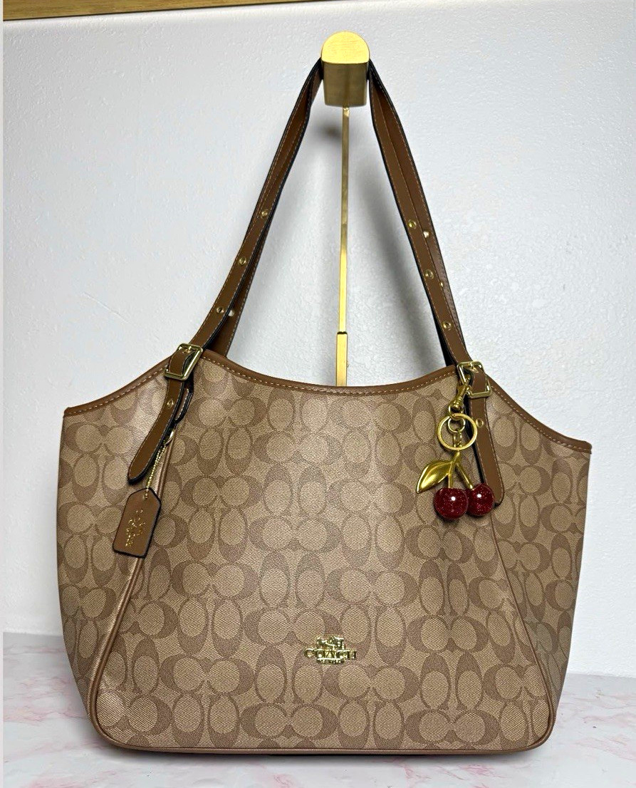 Coach Signature Logo Brown Tote Shoulder Bag Gold Hardware w/Cherry Charm