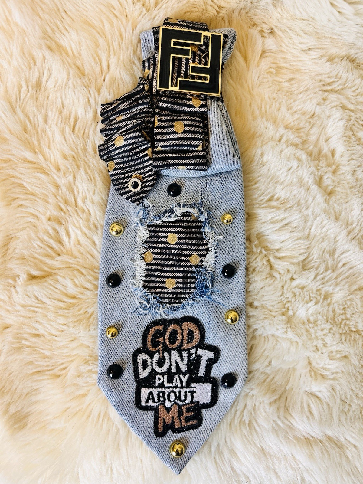 Women’s Blue Denim Striped Tie Studded Logo Patch “God Don’t Play About Me”