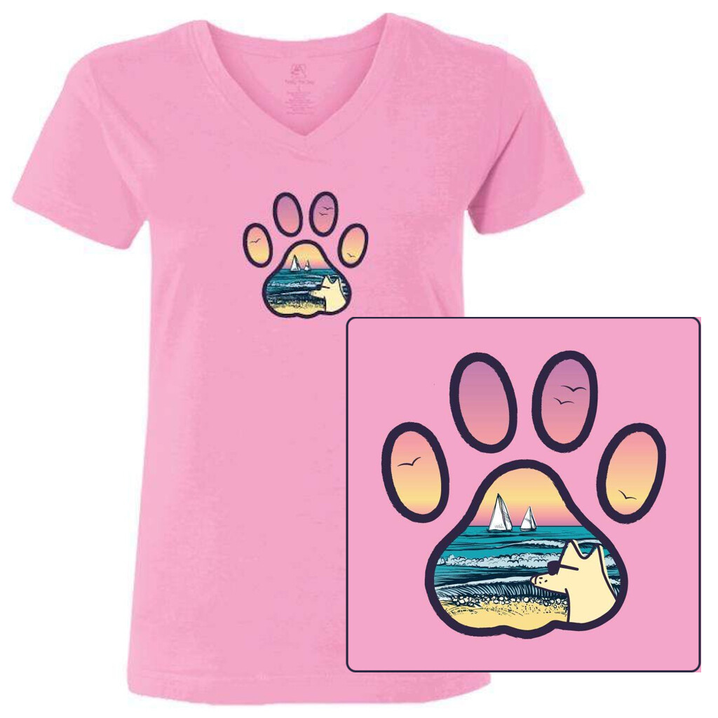 Teddy the Dog T Shirt Beach Paw Ladies V Neck Tee Ocean Land Sea Sky Ltd Edition