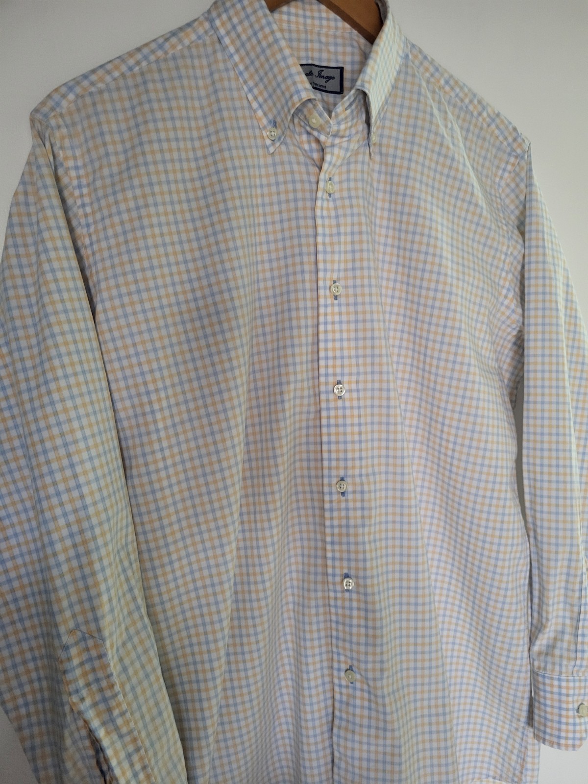 Corporate Image Men’s Plaid Button-Up Shirt Blue Yellow White Tailored Tom Jones