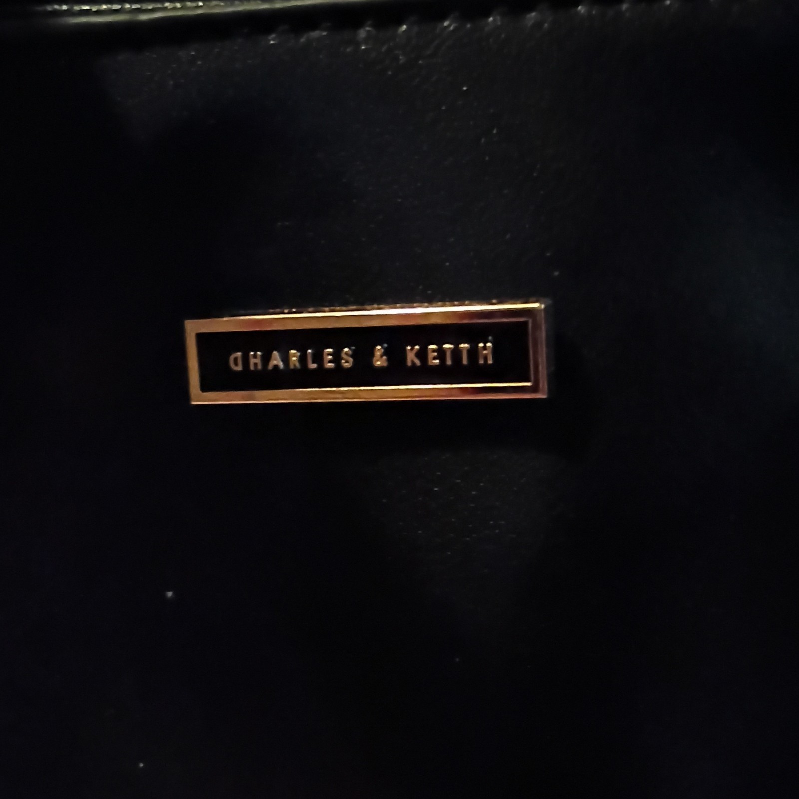 CHARLES & KEITH Black Monogram Satchel Zip Top Handle w Strap Charm Gold