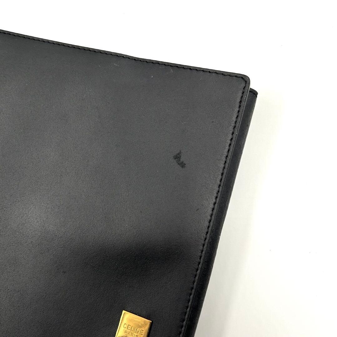CELINE Black Leather Clutch Bag File Case Square Gold Logo Plate 675 Women’s