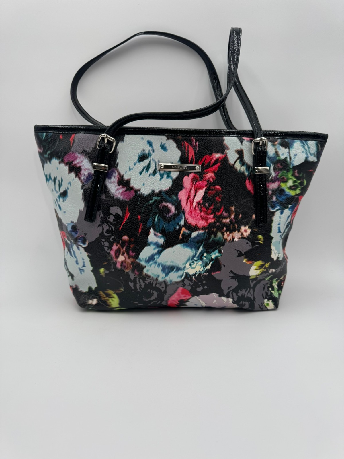 Nine West Floral Print Tote Bag Purse Shoulder Handbag Black Multi-Color
