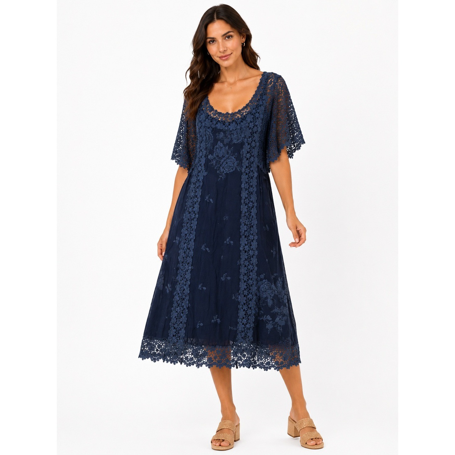 Johnny Was Blue Lace Embroidery Dress 2X Boho Midi Floral Cupra Rayon with Slip