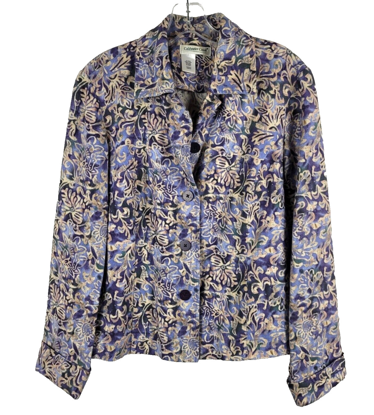 COLDWATER CREEK Purple/Beige/Green HEAVY LINEN BLEND JACKET Floral/Scrolls SZ L