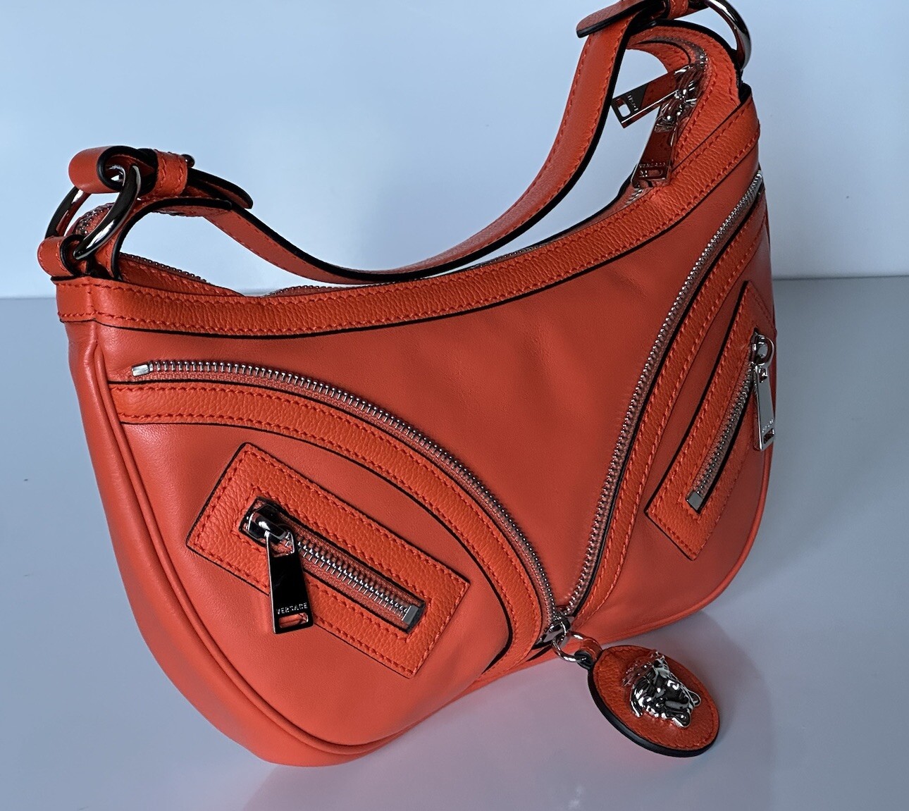 NWT $1925 Versace Silver Medusa Head Calf Leather Small Orange Hobo Bag 1007680