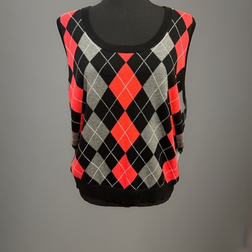 Tommy Hilfiger Women -M- Argyle Sweater Vest Black Orange Gray Scoop Neck NWOT