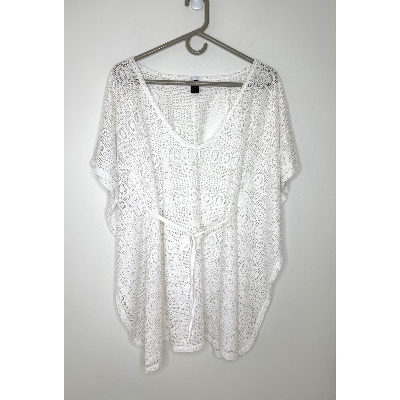 a.n.a. Crochet Open Knit Swim Cover Up Sz M Bat Wing Drawstring Beach Resort