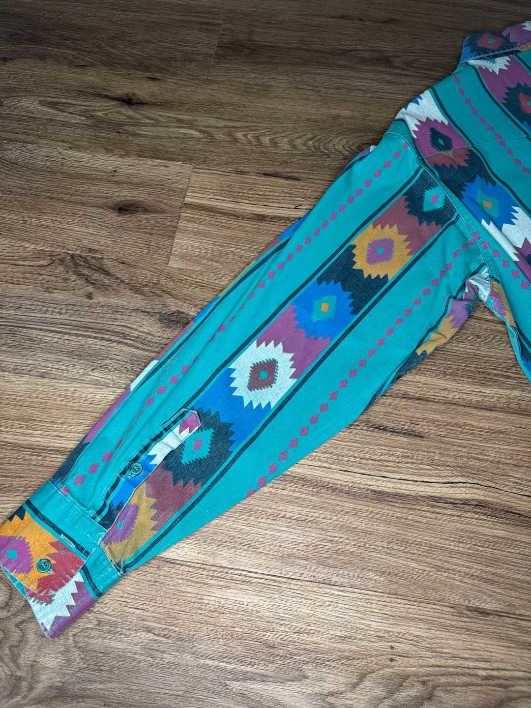 Vintage Wrangler Brushpopper Western Shirt Aztec Geometric Print Teal LongSleeve
