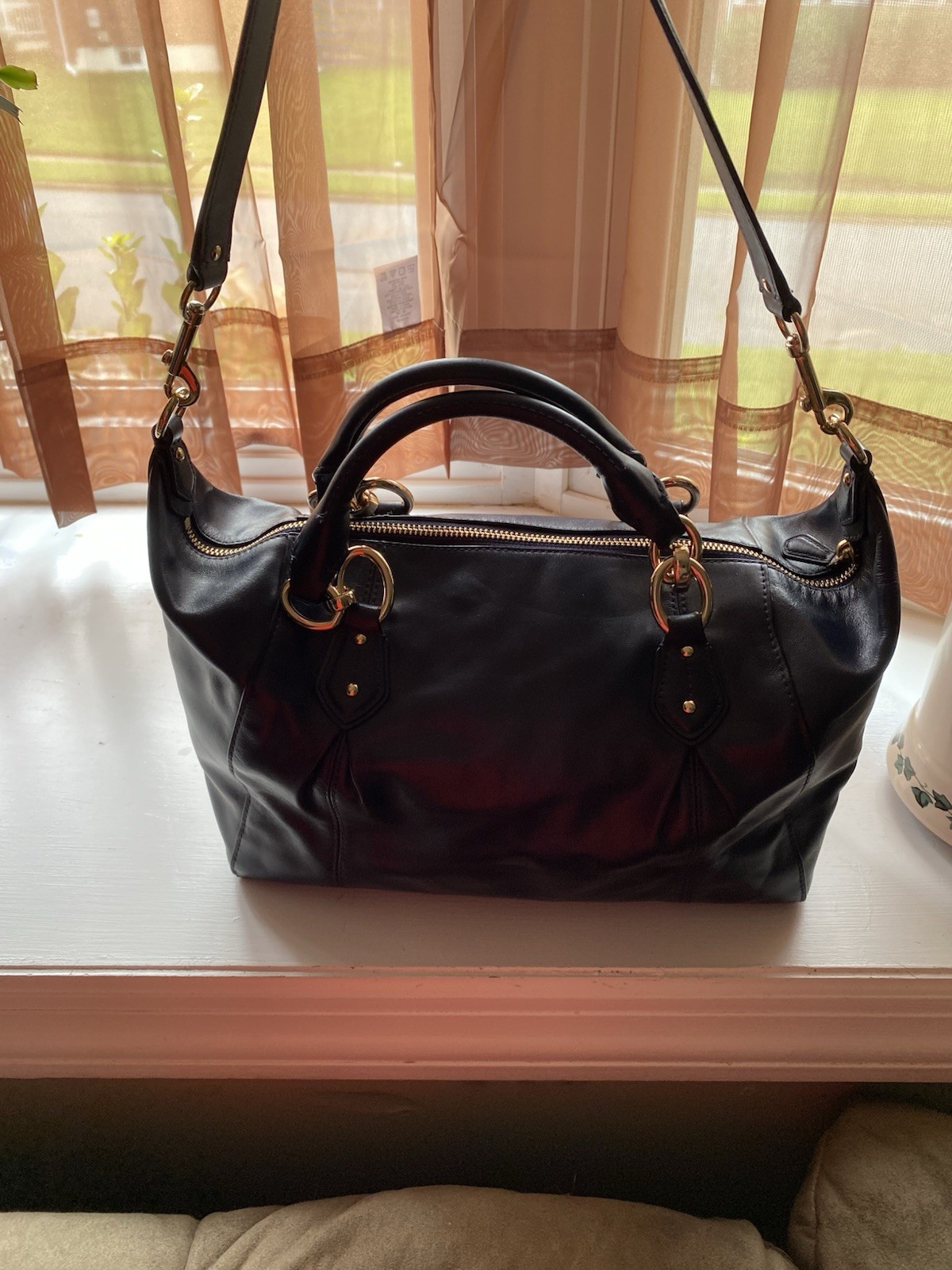 Coach Large Navy Satchel Top Handle Zip Closure Detachable Strap Gold Hardware