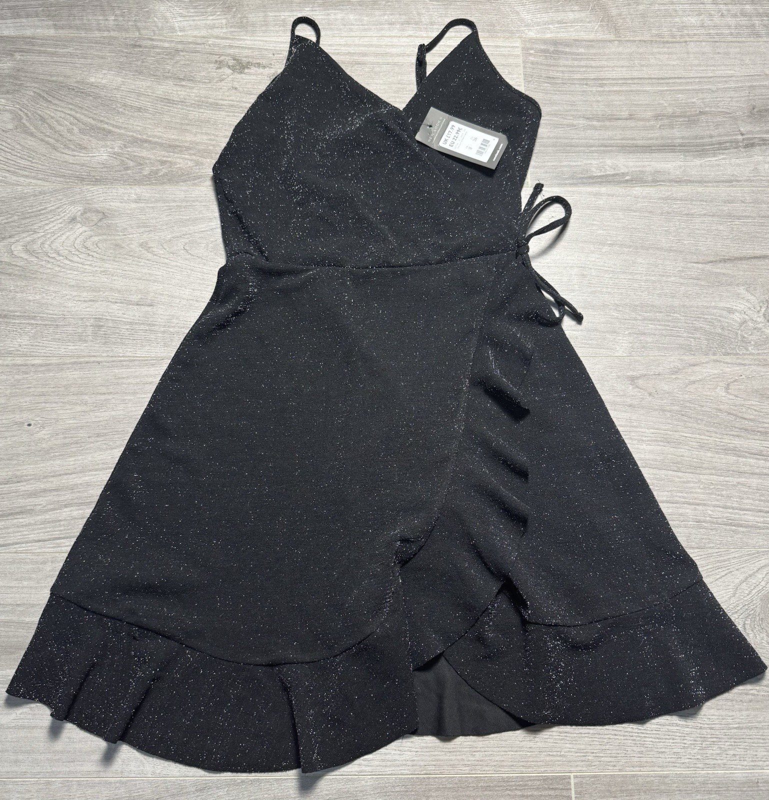 New Look Black Glitter Mini Dress Strappy Wrap Style Size UK 8 BNWT