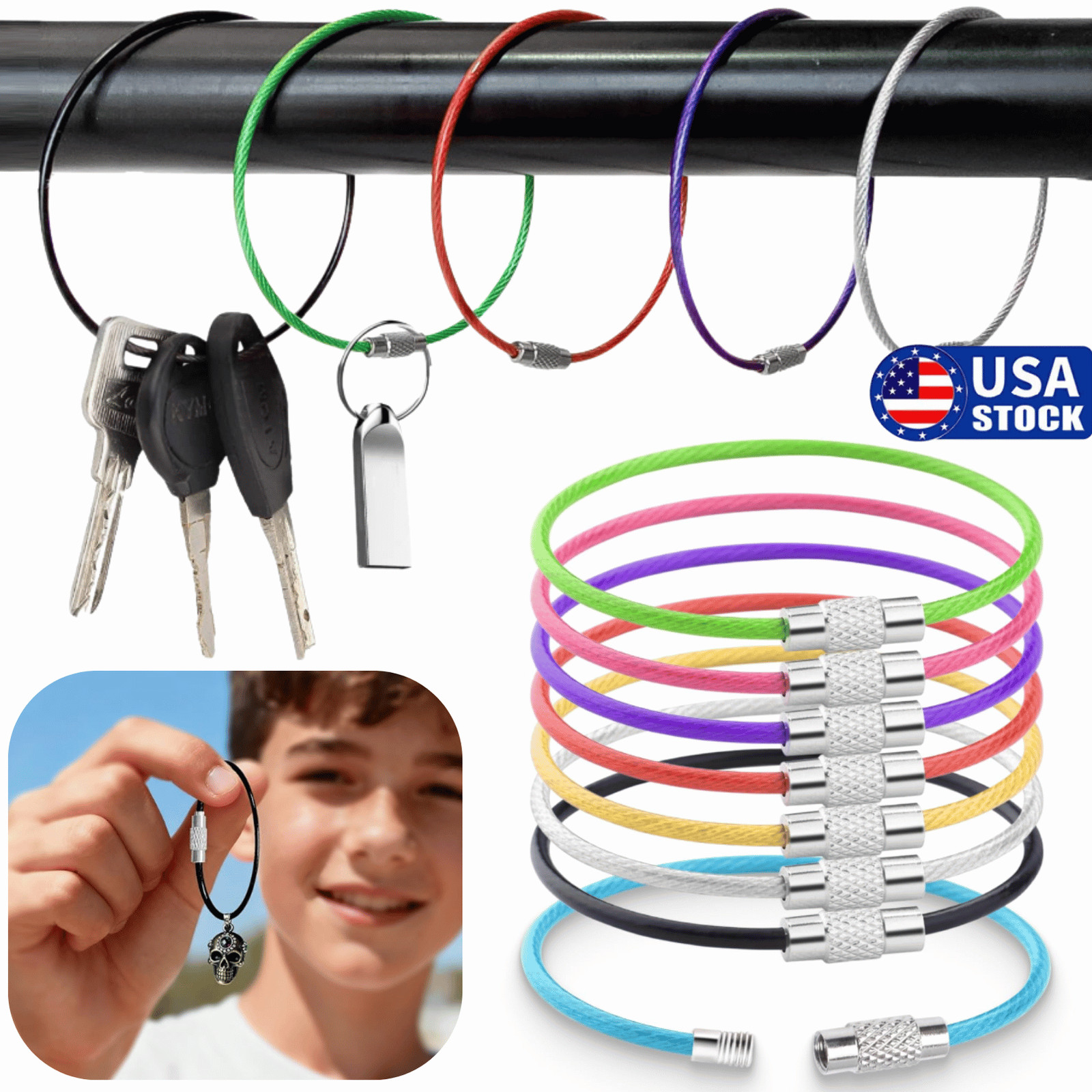 10× Stainless Steel Wire Keychain 6″ Aircraft Cable Key Ring Luggage Loops USA