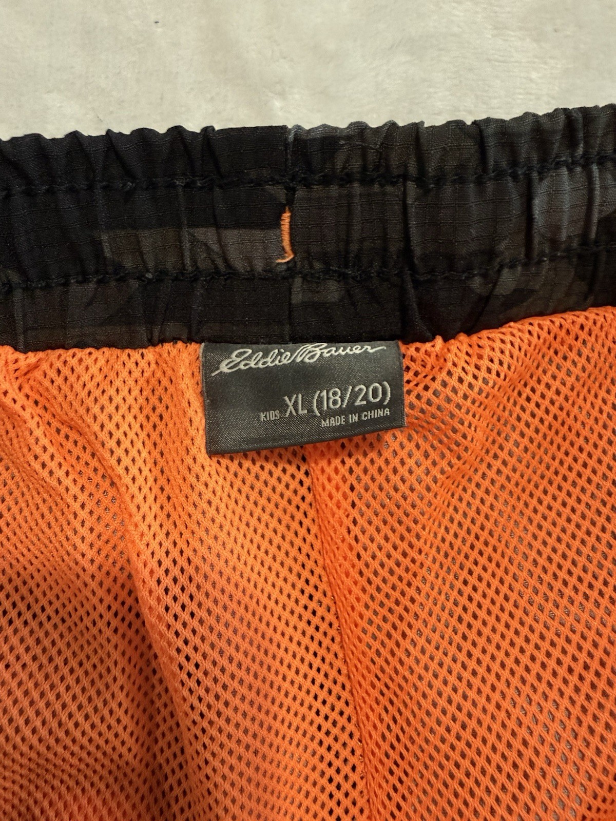 Eddie Bauer Boys 18-20 Swim Shorts Black/Gray Camo Orange Lined Drawstring