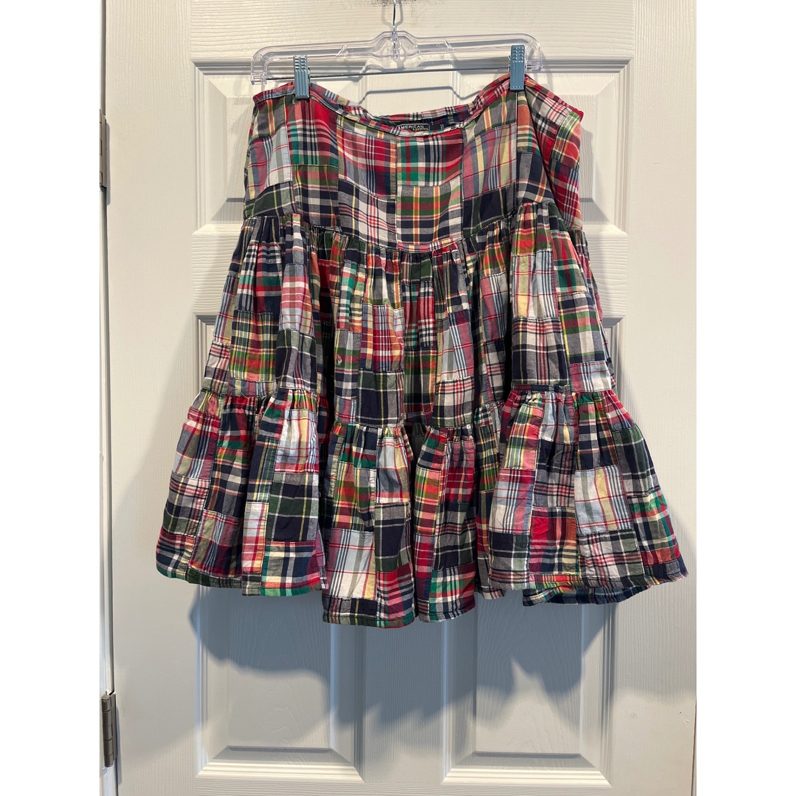 American Living Patchwork Plaid Tiered Skirt Multi Color Cotton Madras Size 14