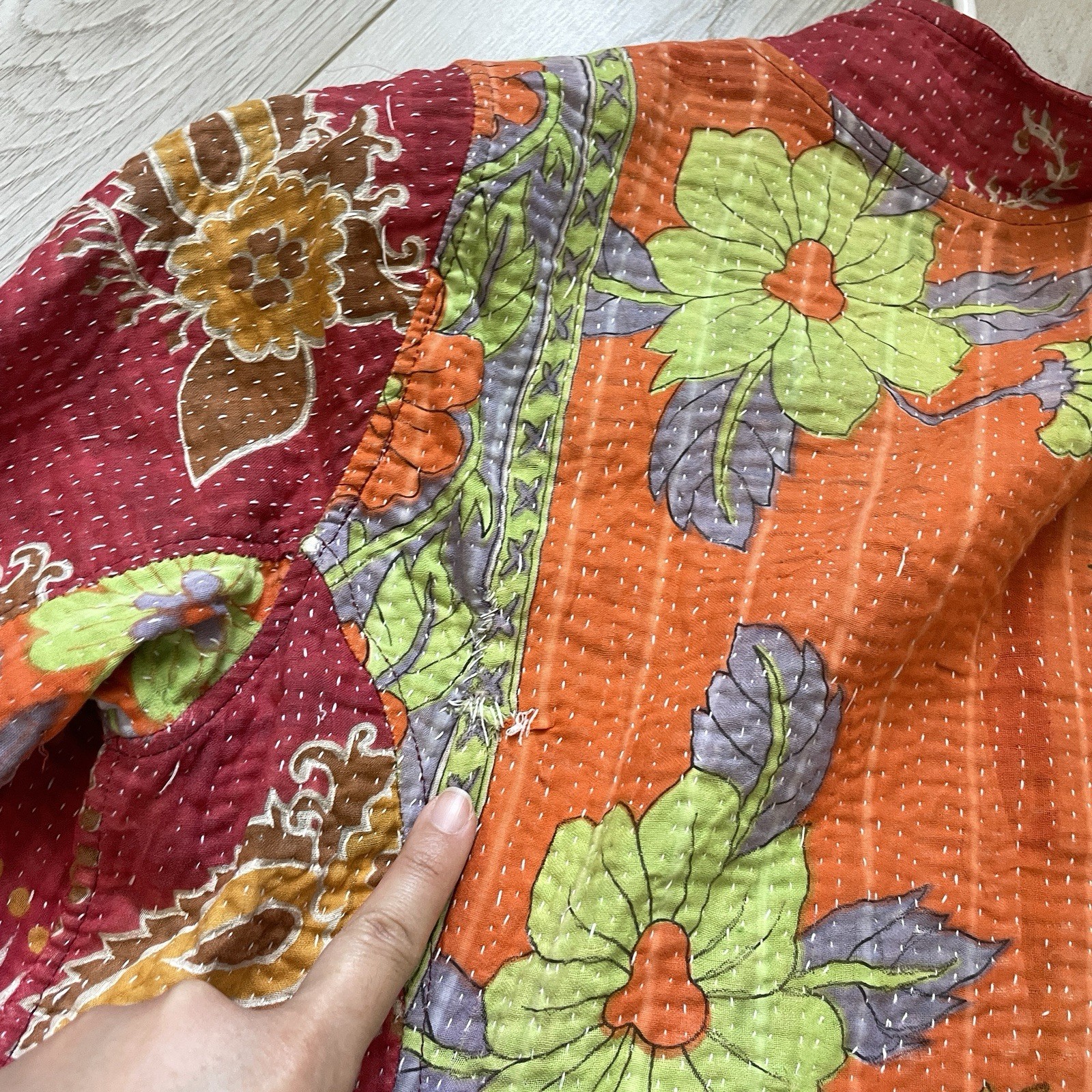 Reversible Quilted Jacket kantha floral long sleeve womens Red Orange (small)
