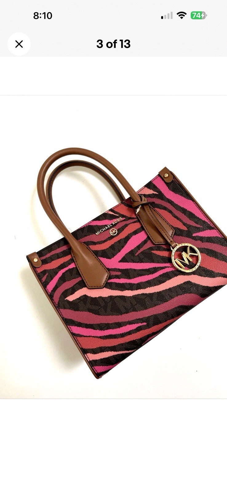 Michael Kors Small Zebra Print Satchel Top Handle Zip, Inner Pockets Gold