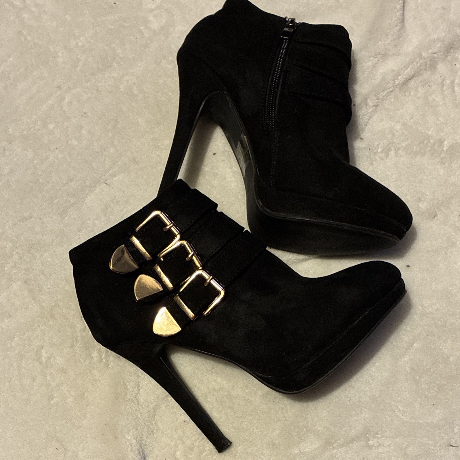 Forever Black Ankle Bootie Faux Suede Stiletto Almond Toe Side Zip Buckle