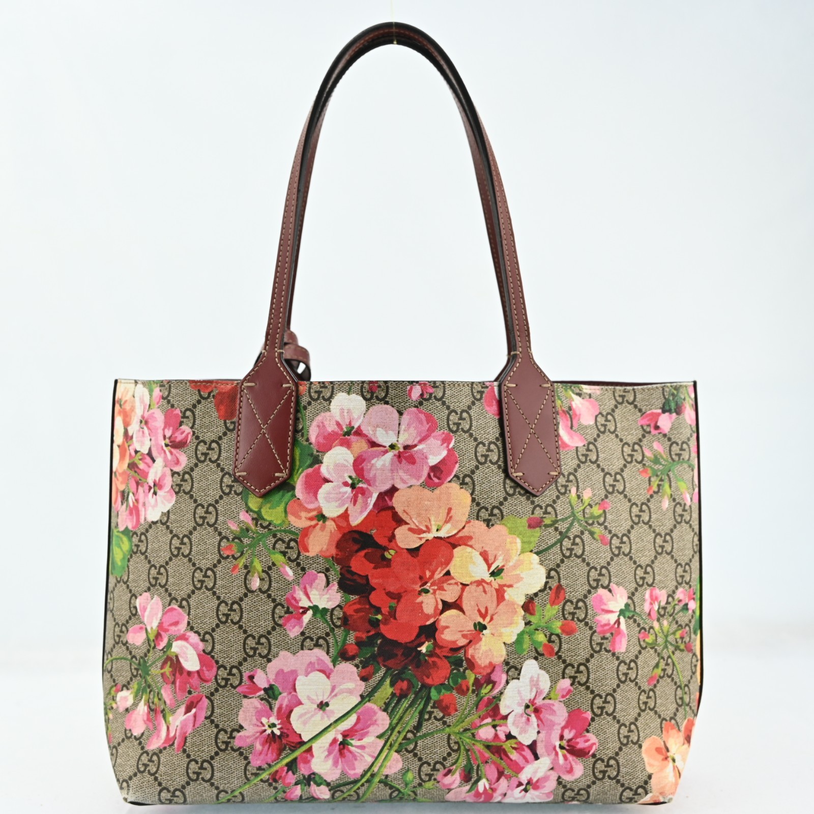AUTH GUCCI Blooms Printed Tote Bag GG Reversible PVC Pink R3256RR808