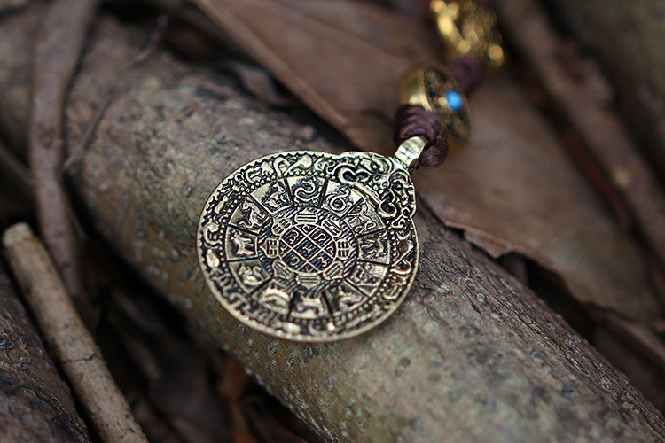 Leather Long Wallet Carved Hand Tooled Zip Around Clutch Purse +Amulet Pendant