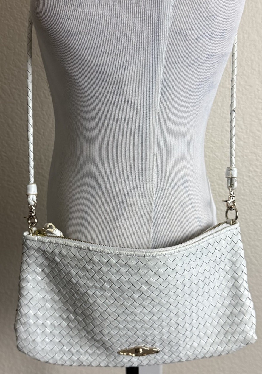 Elliott Lucca Handbag White Leather Intrecciato Weave Crossbody Artisan Boho