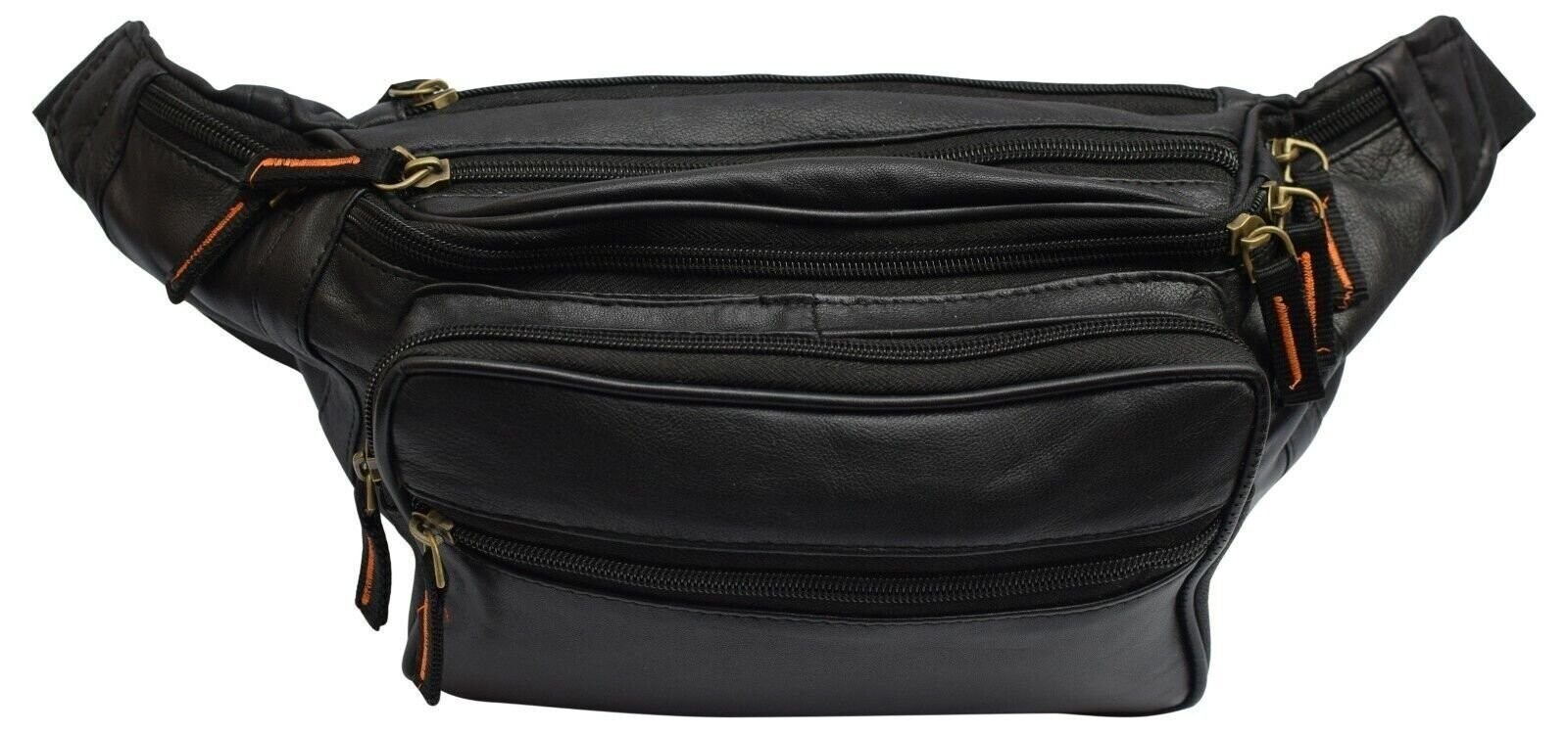 Black Genuine Leather Fanny Pack Large Multi Zippered Waist Bag Design Hip Purse