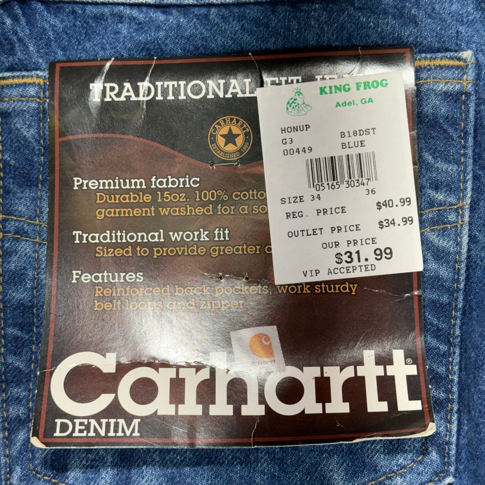 Carhartt Traditional Fit Jeans Mens 34×36 Blue Straight Leg B18 DST Vintage Y2K