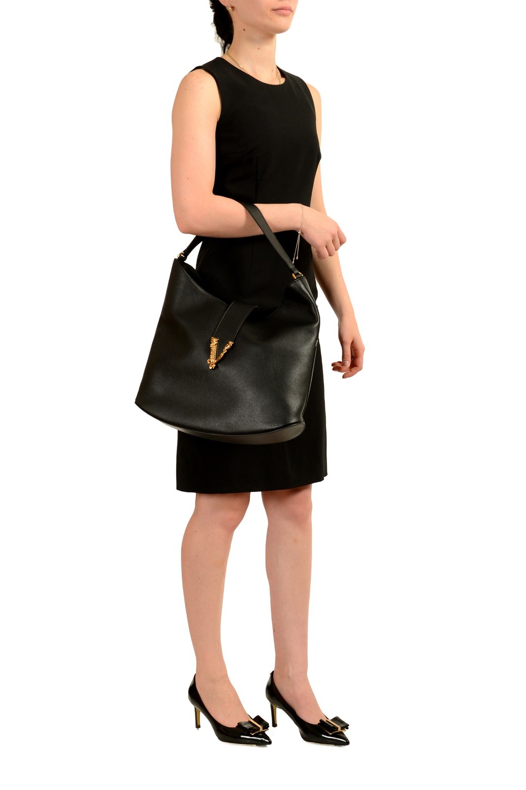 Versace Women’s 100% Grainy Leather V-Logo Hobo Handbag Shoulder Bag
