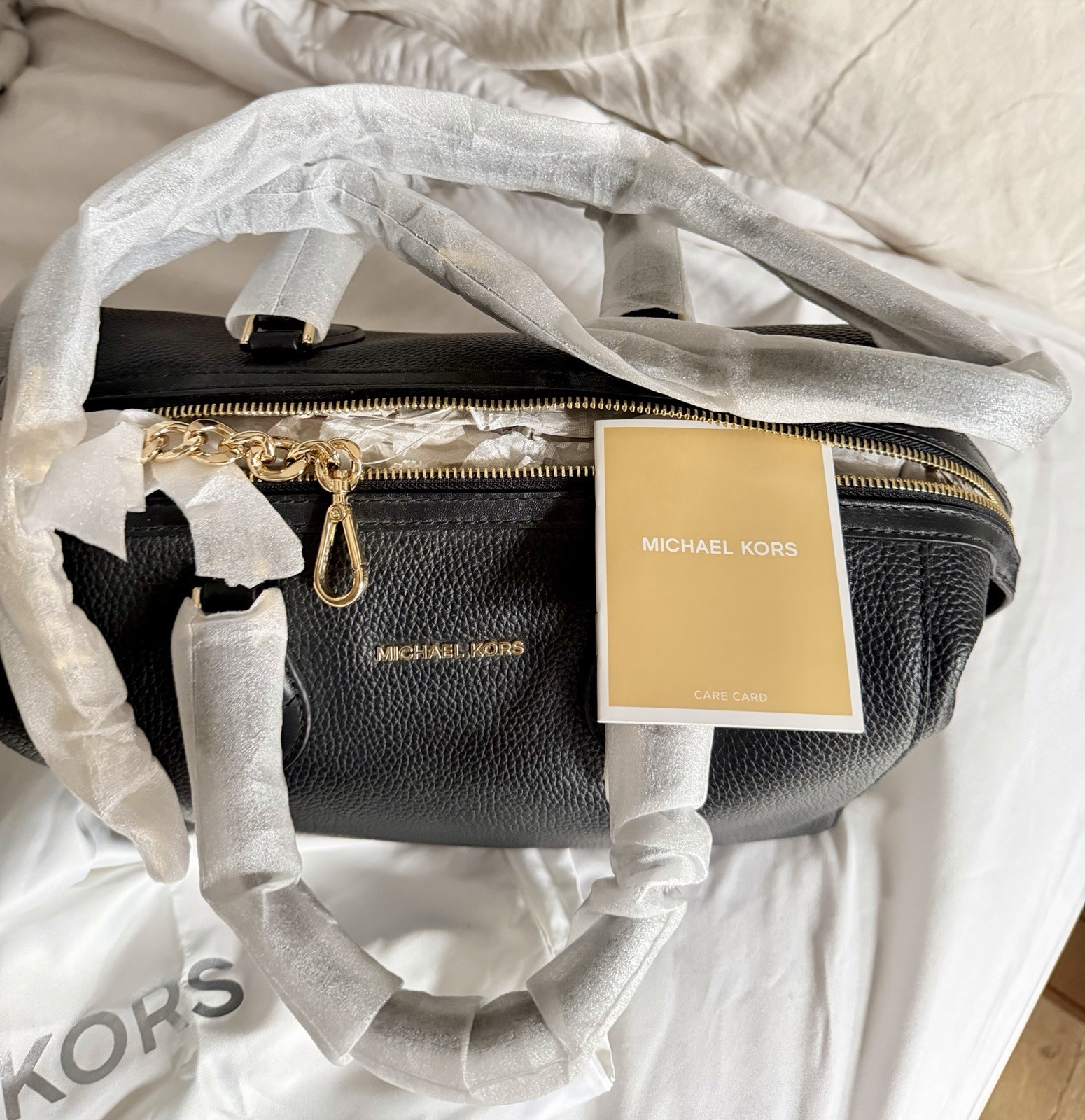 Michael Kors Black Pebbled Satchel Top Handle Zip Gold Hardware Detachable Strap